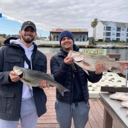 Lake Conroe Fishing Adventures Customers Stand Next to Fillet Table Holding Hybrid Striped Bass on Lake Conroe