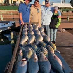 Lake Conroe Fishing Adventures Customers Stand Next to Fillet Table Full of Hybrid Striped Bass on Lake Conroe