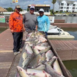 Lake Conroe Fishing Adventures Customers Stand Next to Fillet Table Full of Catfish on Lake Conroe